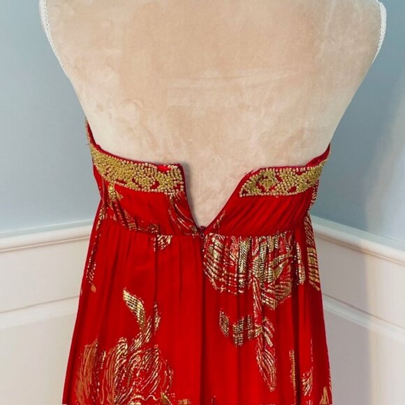 Aidan Mattox Beaded Silk Strapless Ball Gown Red & Gold Prom Party 4 - Picture 7 of 10